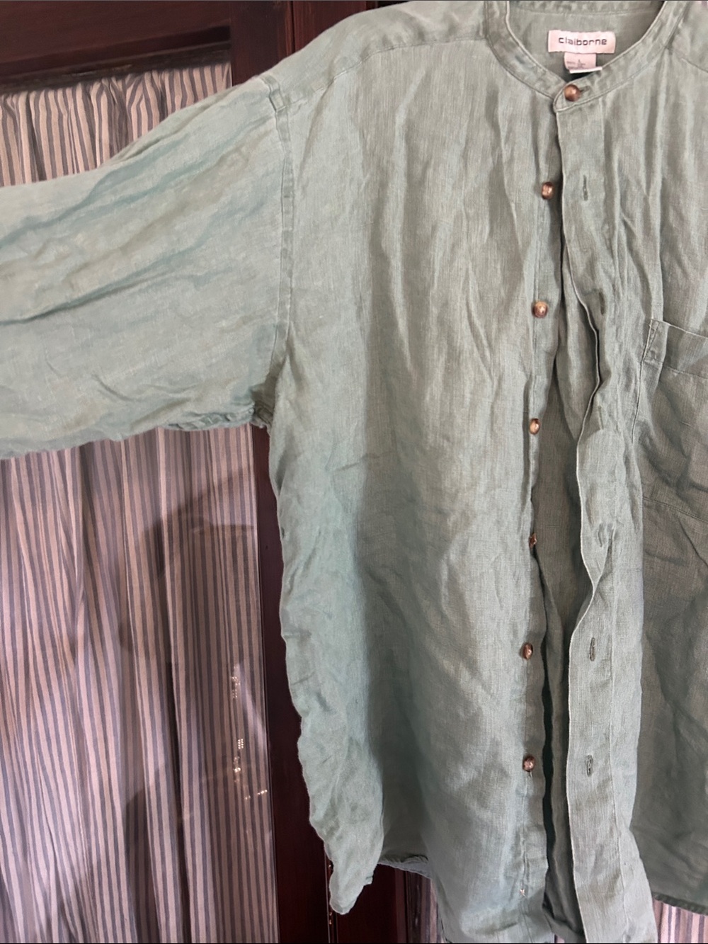 Claiborne Sage Green Mandarin Collar Button-Front Linen Top - Picture 4 of 6